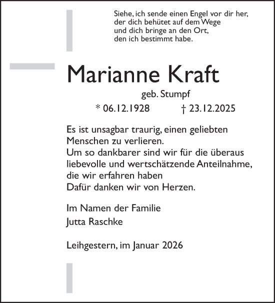 Traueranzeige von Marianne Kraft von Giessener Anzeiger, Giessener Allgemeine, Alsfelder Allgemeine