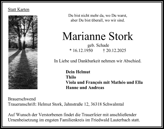 Traueranzeige von Marianne Stork von Oberhessische Zeitung
