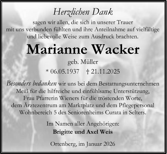 Traueranzeige von Marianne Wacker von Kreis-Anzeiger