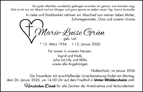 Traueranzeige von Marie-Luise Grün von Kreis-Anzeiger