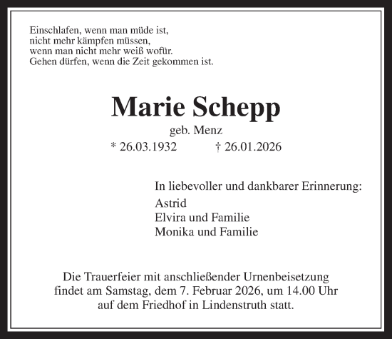 Traueranzeige von Marie Schepp von Giessener Allgemeine, Alsfelder Allgemeine