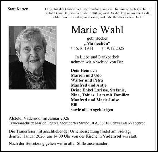 Traueranzeige von Marie Wahl von Oberhessische Zeitung