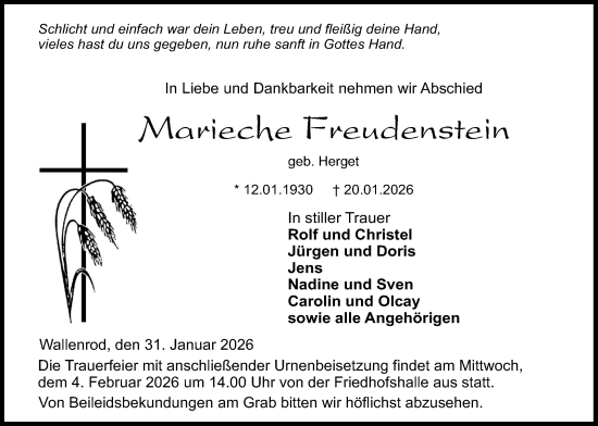 Traueranzeige von Marieche Freudenstein von Lauterbacher Anzeiger