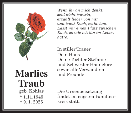 Traueranzeige von Marlies Traub von Bad Vilbel/Karben