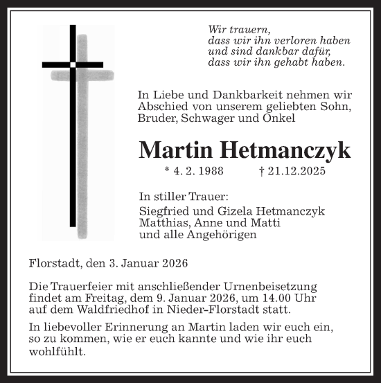 Traueranzeige von Martin Hetmanczyk von Wetterauer Zeitung