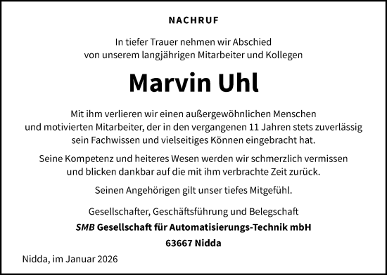 Traueranzeige von Marvin Uhl von Kreis-Anzeiger