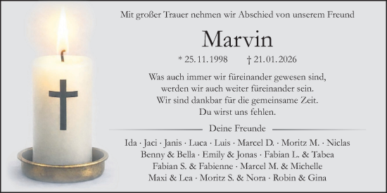 Traueranzeige von Marvin Uhl von Kreis-Anzeiger