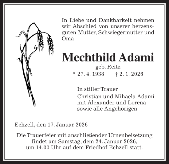 Traueranzeige von Mechthild Adami von Wetterauer Zeitung