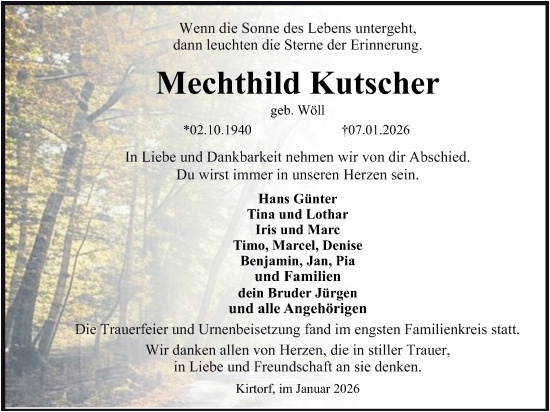 Traueranzeige von Mechthild Kutscher von Oberhessische Zeitung