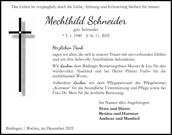 Traueranzeige von Mechthild Schneider von Kreis-Anzeiger