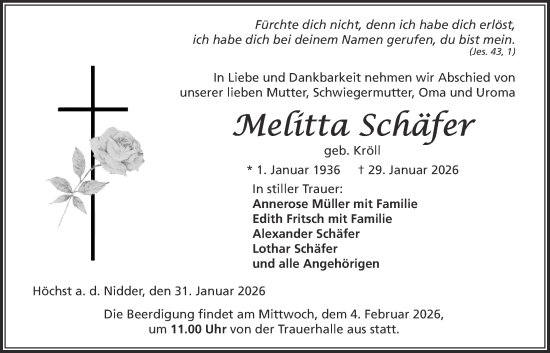 Traueranzeige von Melitta Schäfer von Kreis-Anzeiger