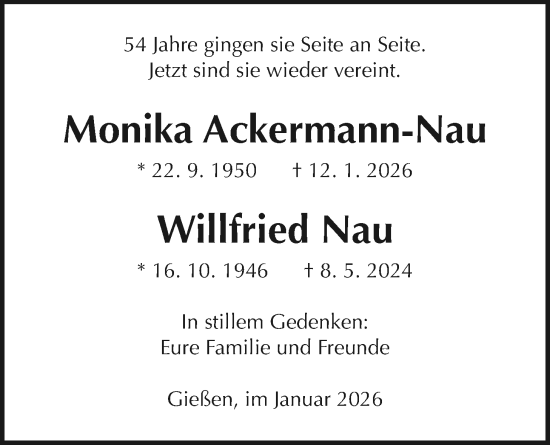 Traueranzeige von Monika Ackermann-Nau von Giessener Anzeiger, Giessener Allgemeine, Alsfelder Allgemeine