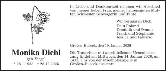 Traueranzeige von Monika Diehl von Giessener Allgemeine, Alsfelder Allgemeine