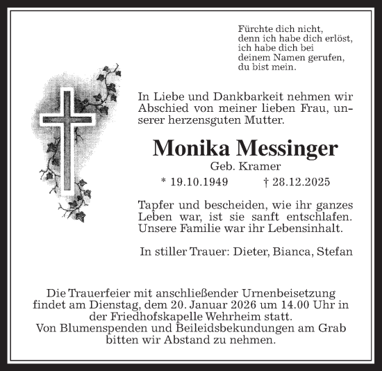 Traueranzeige von Monika Messinger von Usinger Anzeiger