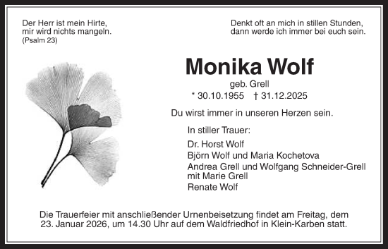 Traueranzeige von Monika Wolf von Bad Vilbel/Karben