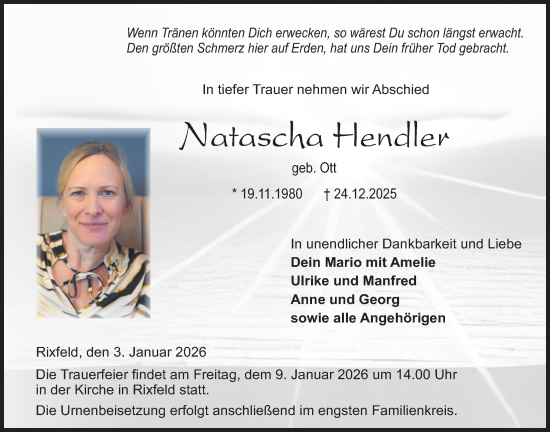 Traueranzeige von Natascha Hendler von Lauterbacher Anzeiger