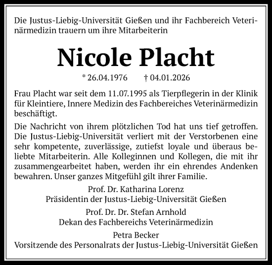Traueranzeige von Nicole Placht von Giessener Allgemeine, Alsfelder Allgemeine