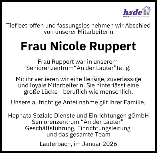 Traueranzeige von Nicole Ruppert von Lauterbacher Anzeiger