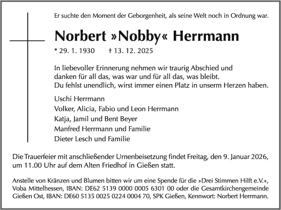 Traueranzeige von Norbert Herrmann von Giessener Allgemeine, Alsfelder Allgemeine
