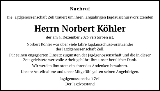 Traueranzeige von Norbert Köhler von Oberhessische Zeitung