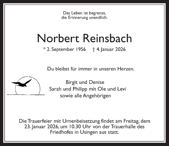 Traueranzeige von Norbert Reinsbach von Usinger Anzeigenblatt