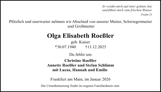 Traueranzeige von Olga Elisabeth Roeßler von Bad Vilbel/Karben