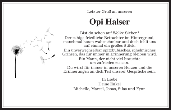 Traueranzeige von Opi Halser von Wetterauer Zeitung