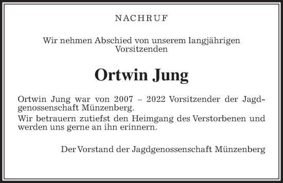 Traueranzeige von Ortwin Jung von Butzbacher Zeitung