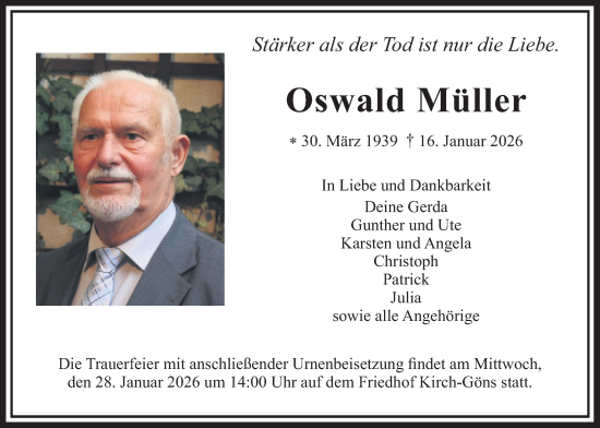 Traueranzeige von Oswald Müller von Butzbacher Zeitung