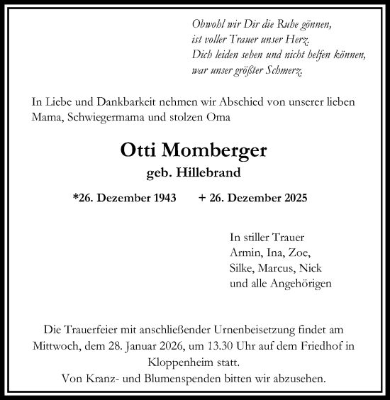 Traueranzeige von Otti Momberger von Bad Vilbel/Karben, Wetterauer Zeitung