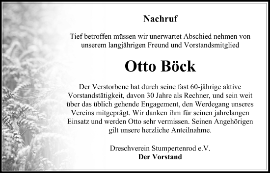 Traueranzeige von Otto Böck von Oberhessische Zeitung, Alsfelder Allgemeine