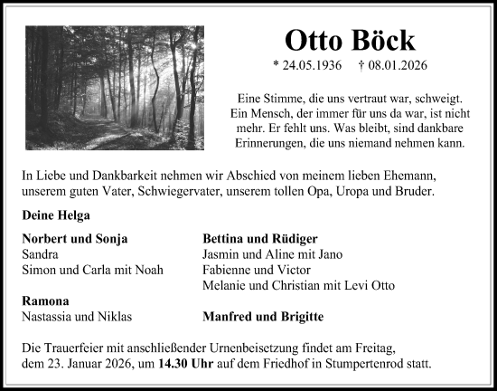 Traueranzeige von Otto Böck von Oberhessische Zeitung, Alsfelder Allgemeine