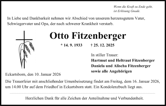 Traueranzeige von Otto Fitzenberger von Kreis-Anzeiger
