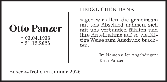 Traueranzeige von Otto Panzer von Giessener Anzeiger, Giessener Allgemeine, Alsfelder Allgemeine