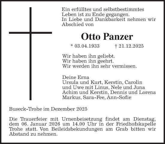 Traueranzeige von Otto Panzer von Giessener Anzeiger, Giessener Allgemeine, Alsfelder Allgemeine