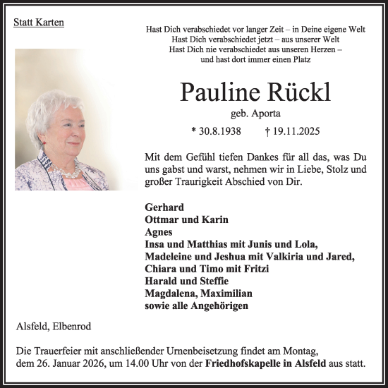 Traueranzeige von Pauline Rückl von Oberhessische Zeitung, 