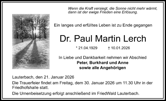Traueranzeige von Paul Martin Lerch von Lauterbacher Anzeiger