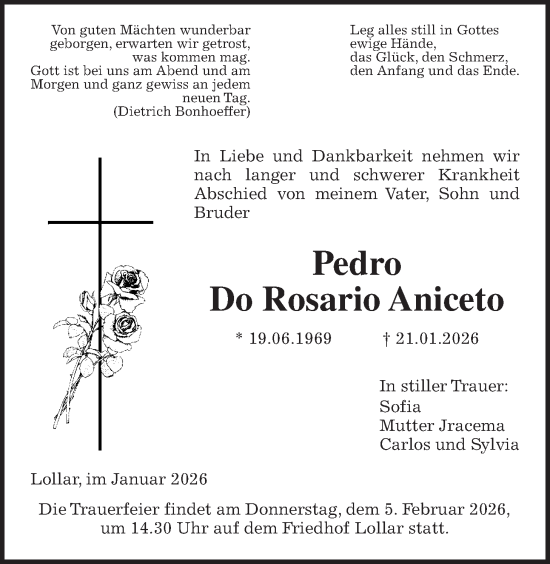 Traueranzeige von Pedro Do Rosario Aniceto von Giessener Anzeiger, Giessener Allgemeine, Alsfelder Allgemeine
