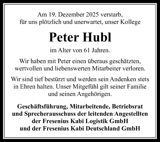 Traueranzeige von Peter Hubl von Giessener Allgemeine, Alsfelder Allgemeine, Wetterauer Zeitung