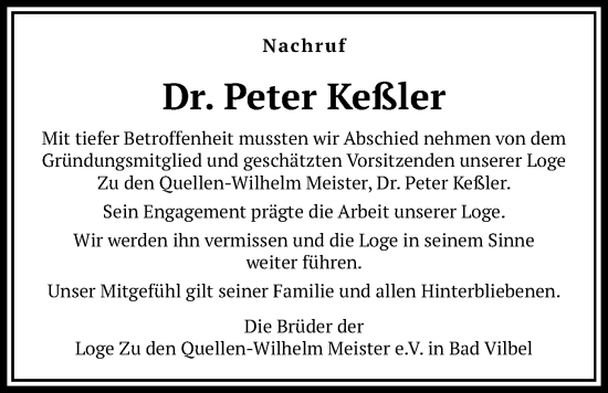 Traueranzeige von Peter Keßler von Bad Vilbel/Karben