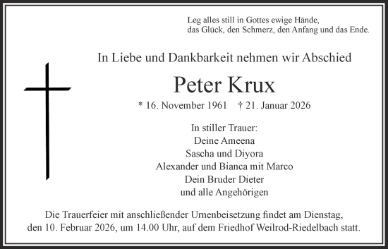 Traueranzeige von Peter Krux von Usinger Anzeiger, Usinger Anzeigenblatt