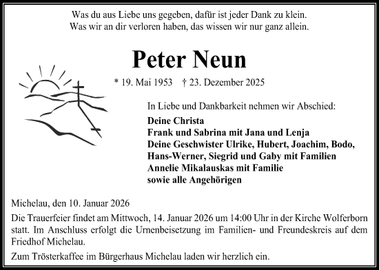 Traueranzeige von Peter Neun von Kreis-Anzeiger