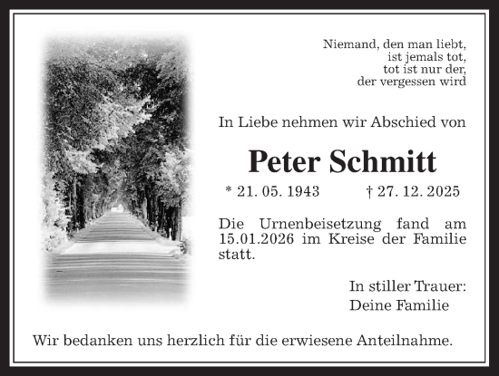 Traueranzeige von Peter Schmitt von Wetterauer Zeitung