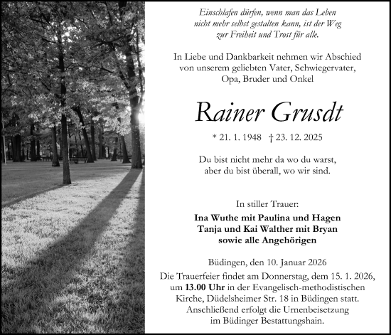 Traueranzeige von Rainer Grusdt von Kreis-Anzeiger