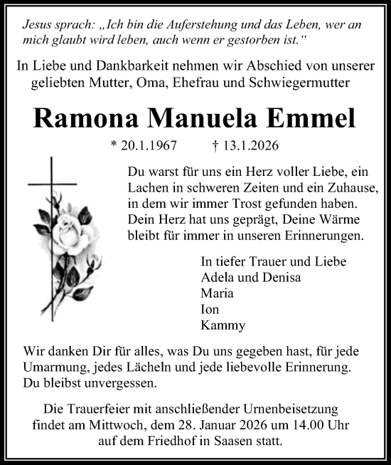 Traueranzeige von Ramona Manuela Emmel von Giessener Allgemeine, Alsfelder Allgemeine