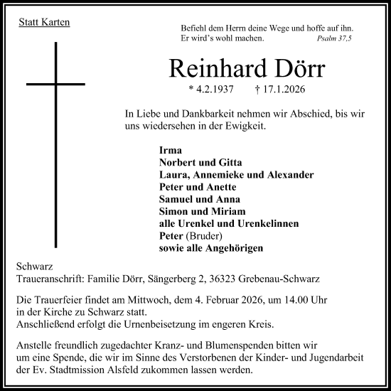 Traueranzeige von Reinhard Dörr von Oberhessische Zeitung