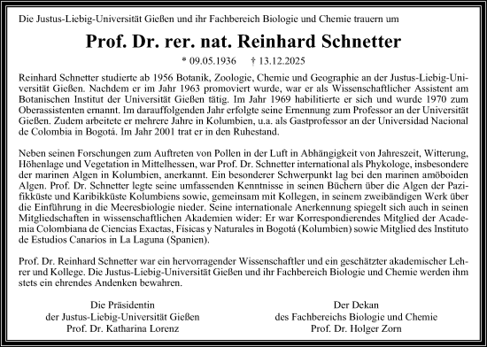 Traueranzeige von Reinhard Schnetter von Giessener Anzeiger, Giessener Allgemeine, Alsfelder Allgemeine
