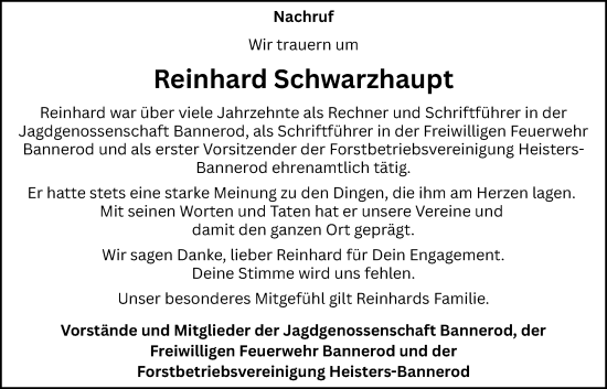 Traueranzeige von Reinhard Schwarzhaupt von Lauterbacher Anzeiger