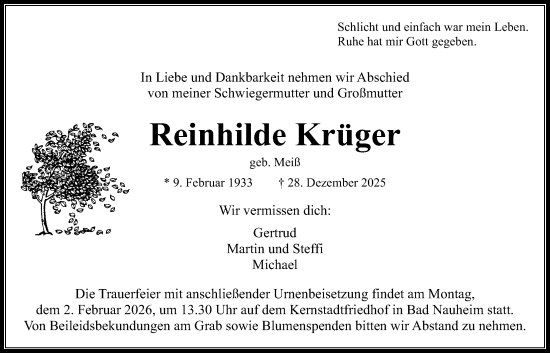 Traueranzeige von Reinhilde Krüger von Wetterauer Zeitung