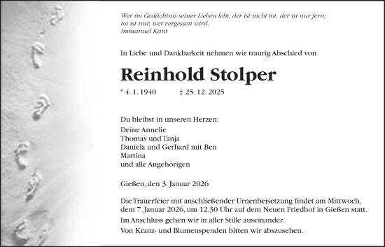 Traueranzeige von Reinhold Stolper von Giessener Anzeiger, Giessener Allgemeine, Alsfelder Allgemeine